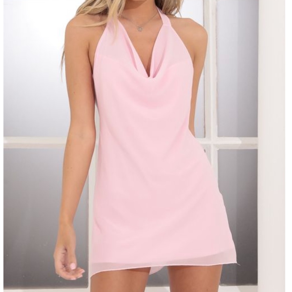 lucy in the sky dionne halter dress in baby pink